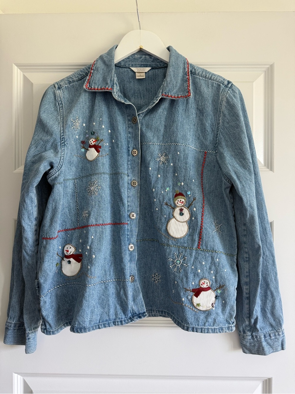 Christopher & Banks Vintage Snowman Embroidered Denim Shirt Jacket